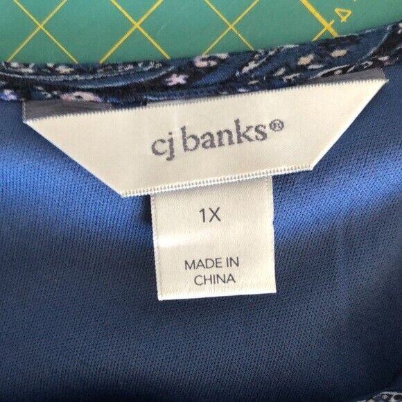 CJ Banks 1X Blue Paisley Lined Sheer 3/4 Sleeve Blouse Ruffle Mesh Cutout - Picture 3 of 8